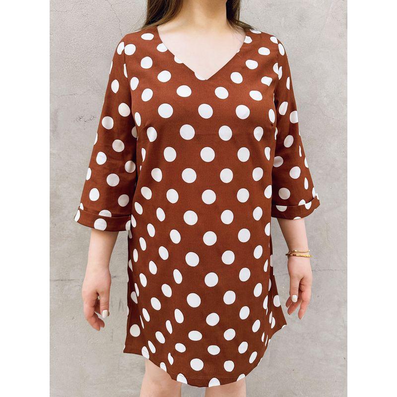 

50% off Miss Biggie European and American Plus size Slimming Big Polka Dot Chiffon V-neck 3/4 Sleeve A Word Dress Limited Ochre bottom white big wave dot XXL