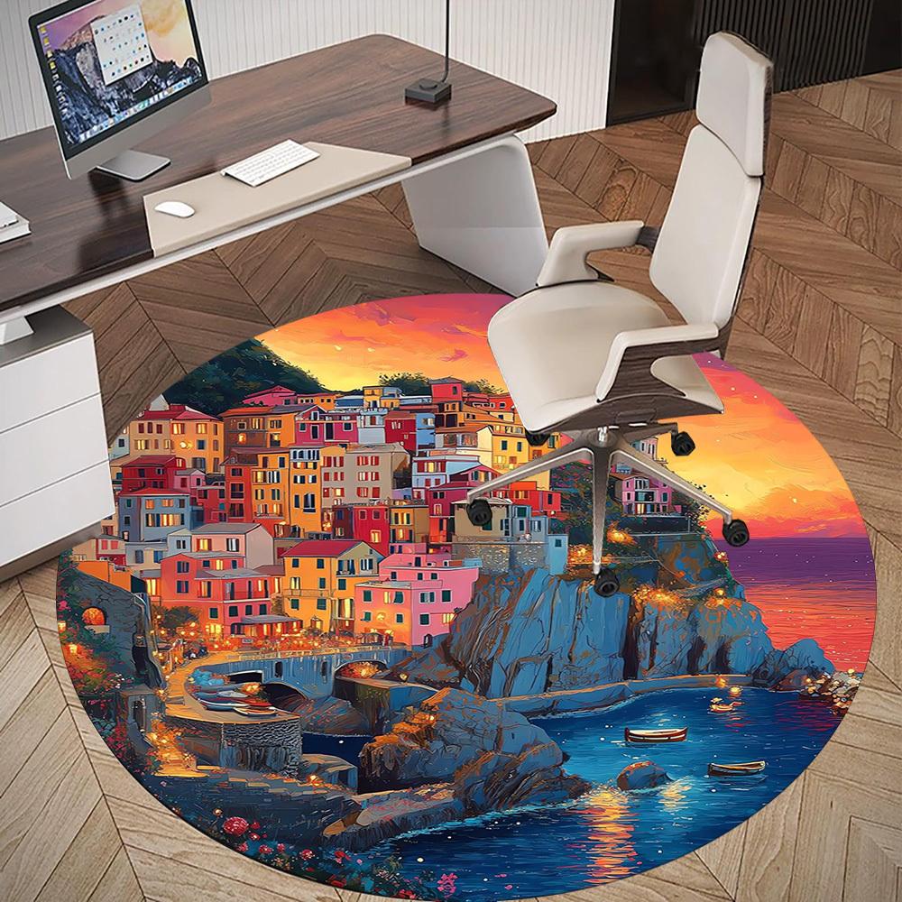 1pc Coastal Town Sunset Pattern Office Round Rugs, Under Chair Round Rugs for Living Room, Bedroom, Bathroom Decoration Carpet 091823
