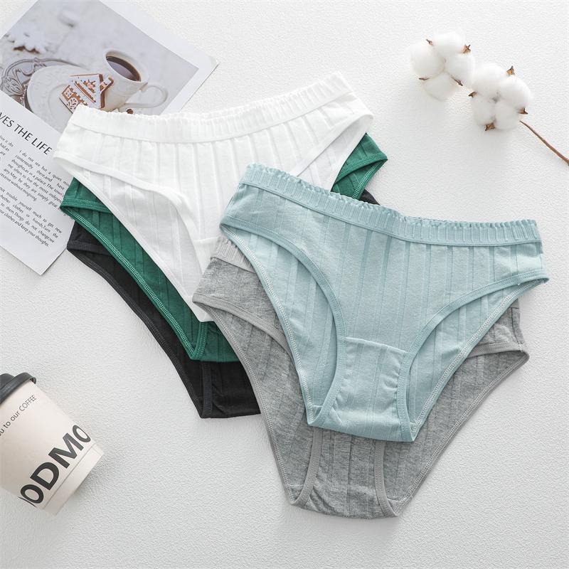 FINETOO 3Pcs/Set Cotton Striped Stretchy Underwear Women's Low Waist Panties Sexy Elastic Wide Belt Solid Color Briefs Comfort Lingerie