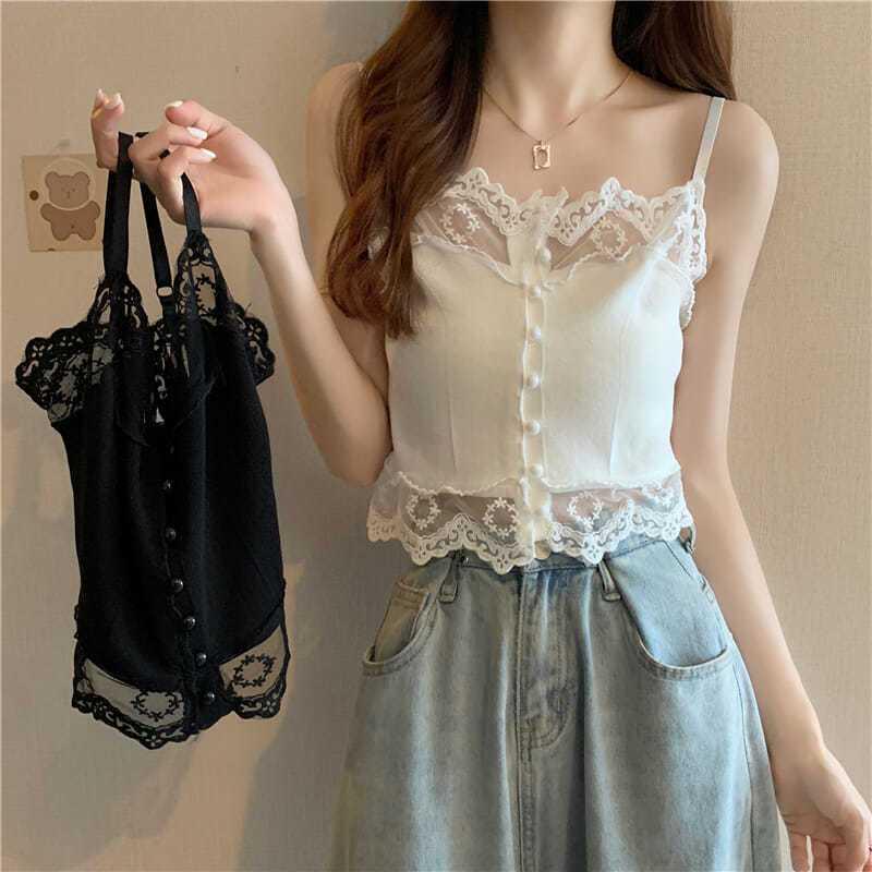 Korean-French Lace Patchwork Knit Camisole - Women's Trendy High Waist Short Top (Summer 2026)