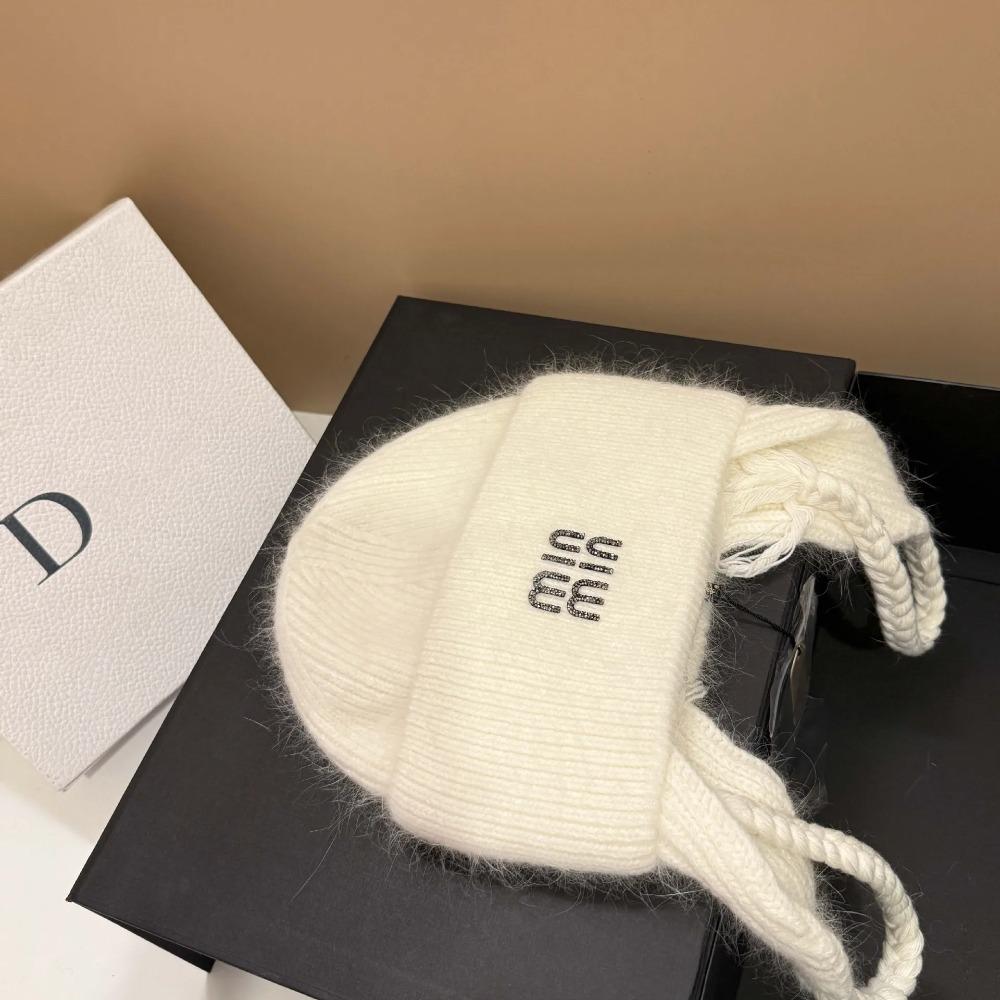 Winter Hot Diamond Rabbit Wool Knitted Warm Ear Protection Hat Outdoor Light Luxury Wool Hat Fashionable Letter Cold Hat