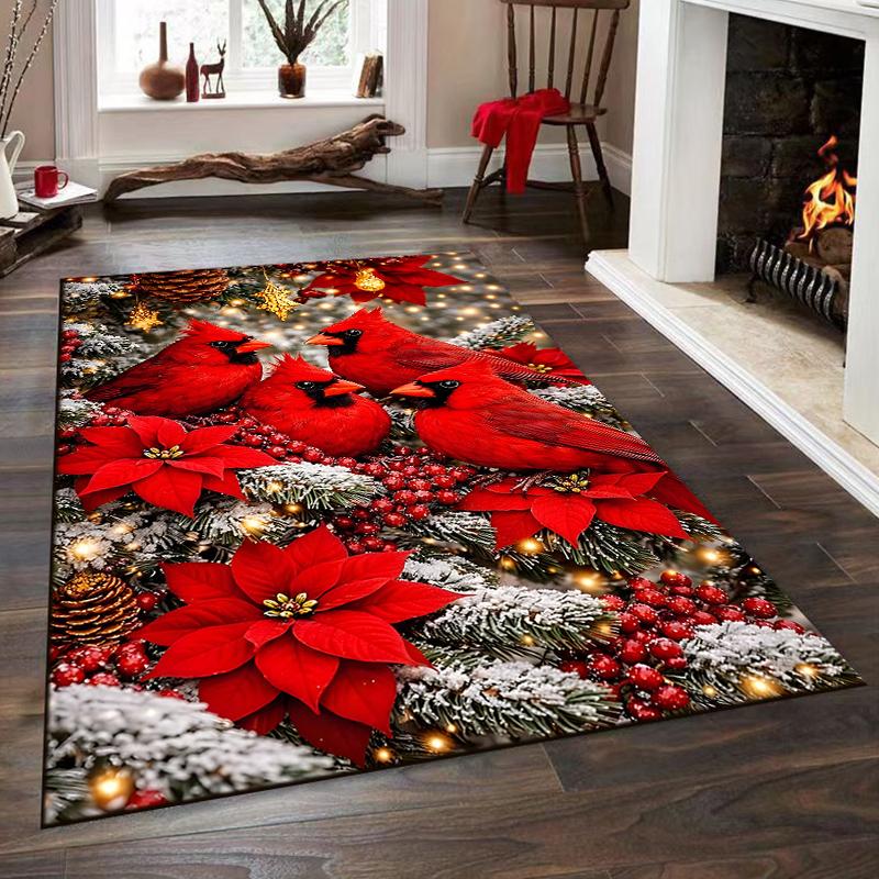 Red Cardinals and Christmas Poinsettias Non-slip rug suitable for living room and bedroom sofas
