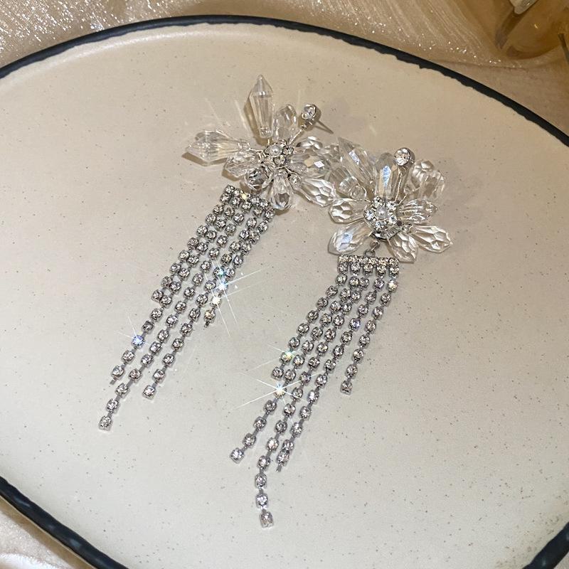 Orecchini Pendenti Fiore Nappa Ago d'Argento Diamante e Perla - Moda Francese, Lusso di Alta Gamma Design di Nicchia
