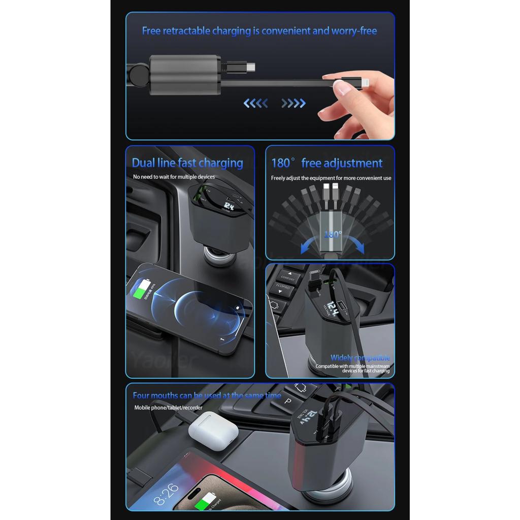 NEW 4 In 1 Retractable Car Charger 120W Super Fast Charge Car Phone Charger 2 Retractable Cables & 2 Ports Car Charger