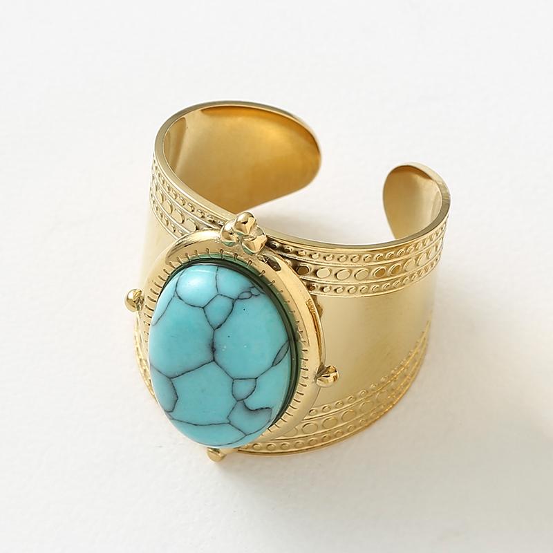 Luxury Turquoise Natural Stone Open Rings for Women 14K Gold Plated Stainless Steel Rings Wide Ring Female Jewelry Party Gifts