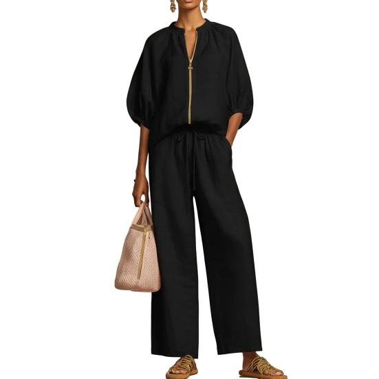 

Women s 2 Piece Tracksuit Full Zip V Neck Short Puff Sleeve Top And Wide Leg Pants Casual Vacation Lounge Outfits 2XL чорний