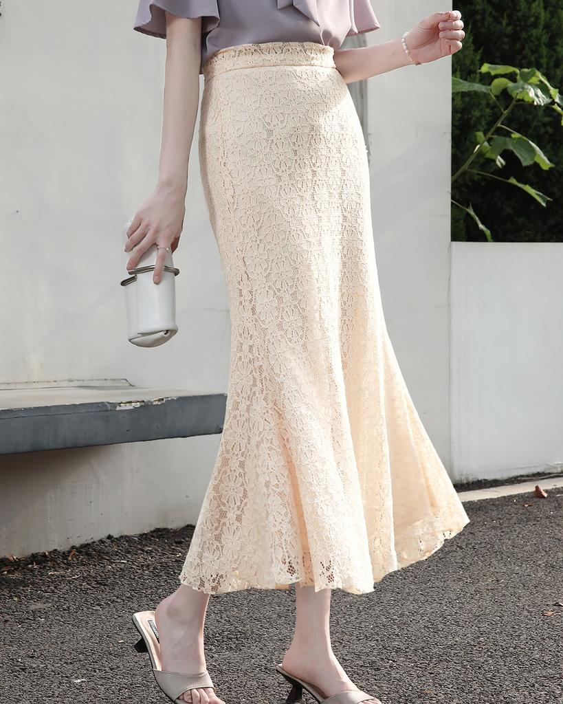 Yino Long Mermaid Lace Floral Elastic Commuting Women's Skirt, Skirt, Print, Flared, Ankle-Length, Waist, Stretch, Flattering, Slimming, Feminine,