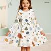 Girls Furry Trim Neck Cuffs Long Sleeve Waist Bow Printed A Line Flared Dress