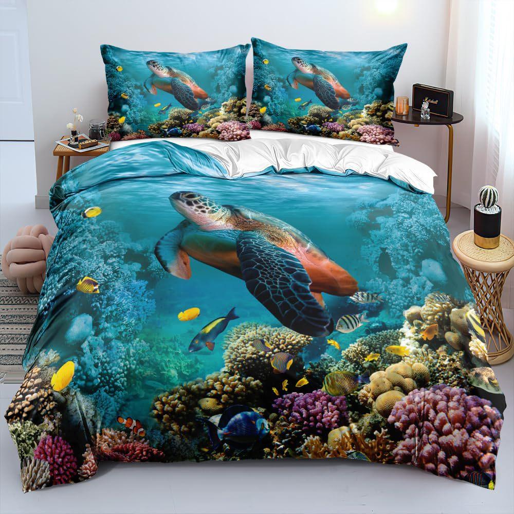 Three-Piece Marine Turtle Animal Digital Print Quilt Pillowcase Bedding Home Textile Kit