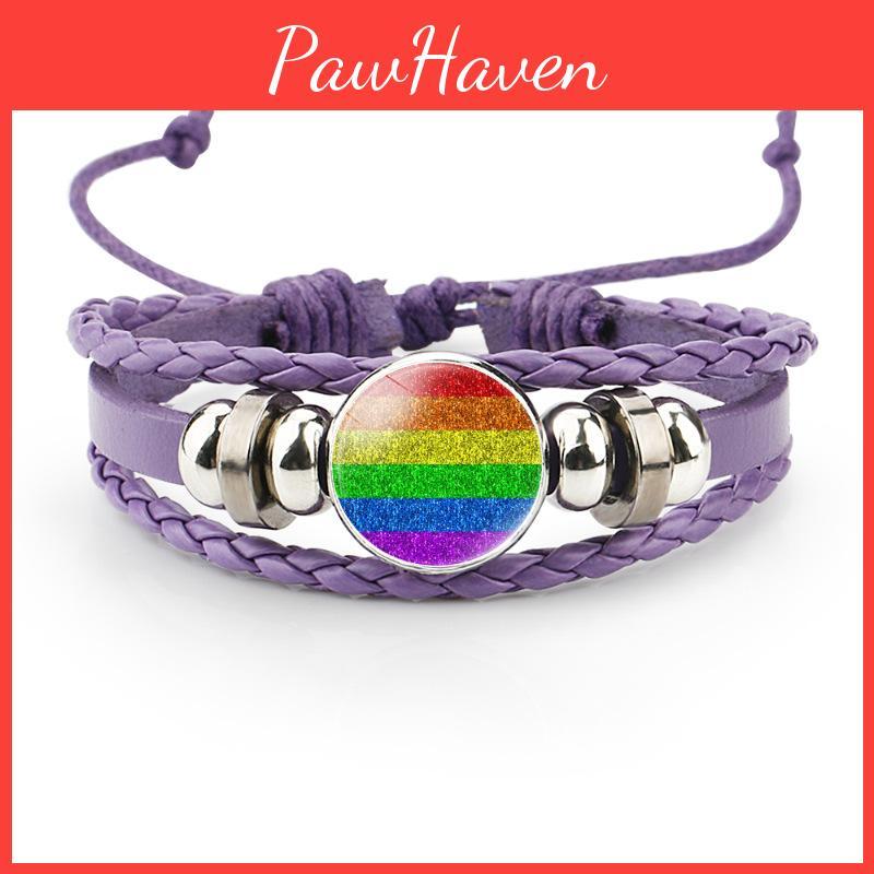 Colorful Distinctive And Rainbow Flag Time Gemstone Purple Leather Bracelet