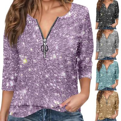 Damenmode Langärmeliges Pailletten-Top mit halbem Reißverschluss