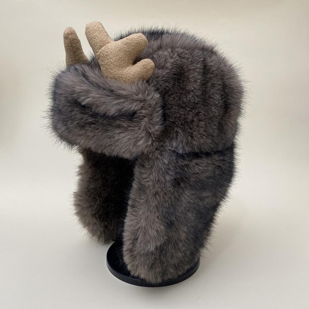 Antlers Plush Hat Women's Winter Thickened Warm Ear Protection Lei Feng Hat Men's Northeast Outdoor Windproof Cycling Hat Hat