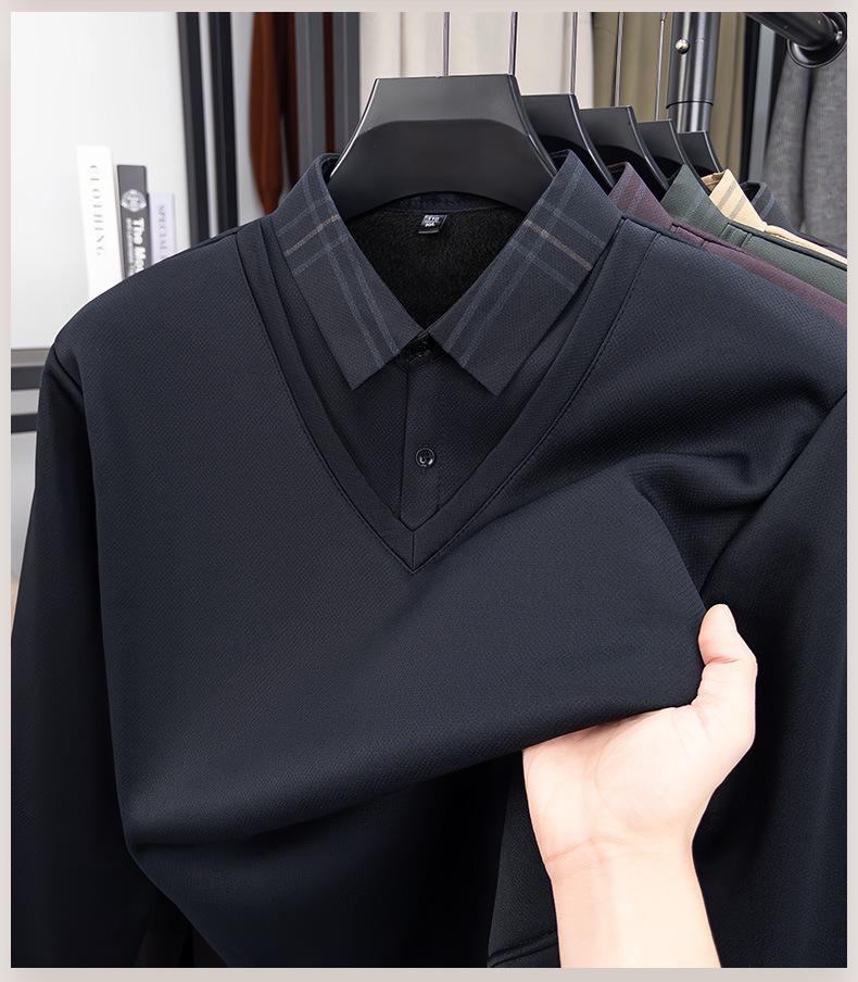 Men's Winter Thickened Velvet Two-Piece Faux Layered POLO Shirt with Warm Lapel - Long Sleeve for Middle-Aged Dad