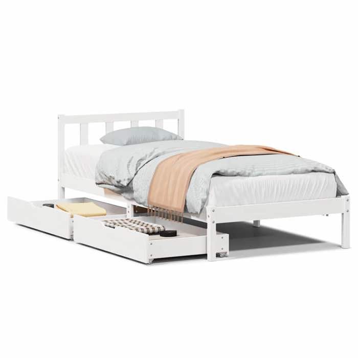 VidaXL Bed Frame with Drawers White 90x190 Cm Solid Pine Wood, Slatted Base, Single Bed Frame, Solid Wood Bed Frame 3301462