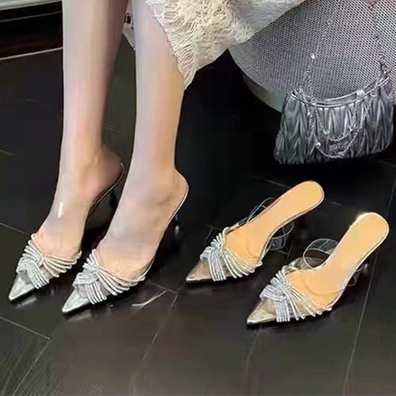 Luxury Cross Rhinestone Transparent PVC Women Sandals Pointed Toe Thin Heel Non-slip Slide Sandals Elegant Fashion Wedding Shoes