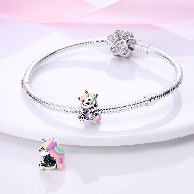 Charms Plata Cute Colorful Unicorn Purple Heart Beads Fit Original Bracelets Charms For Women Jewelry Diy Making Gifts