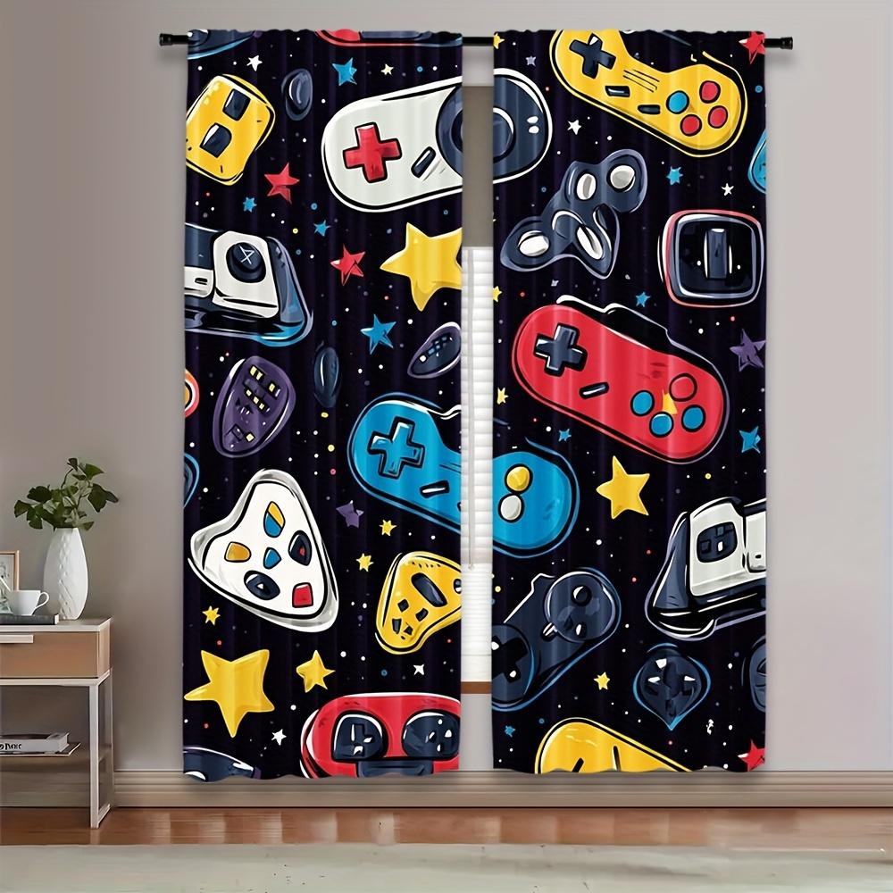 2pcs Retro Game Console Theme Curtains - Vibrant Polyester Drapes with Colorful Gamepad & Star Print Design, Perfect for Bedroom