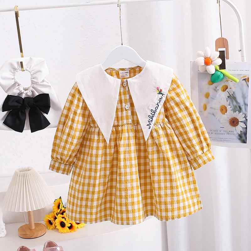 2026 Spring Korean Style Girls' Embroidered Plaid Dress