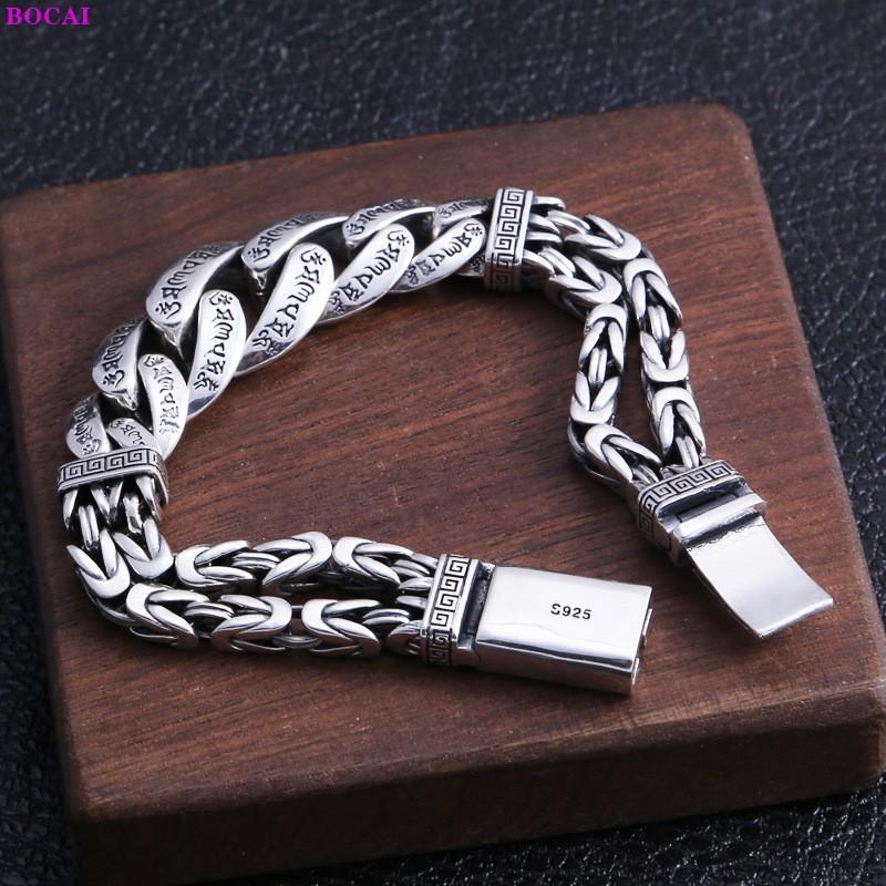 100 % S925 Sterling Silber Armbänder Buddhismus Sechs Zeichen Wahrheit Flache Thai Silber Hand Kette Reines Argentum Herren Armreif