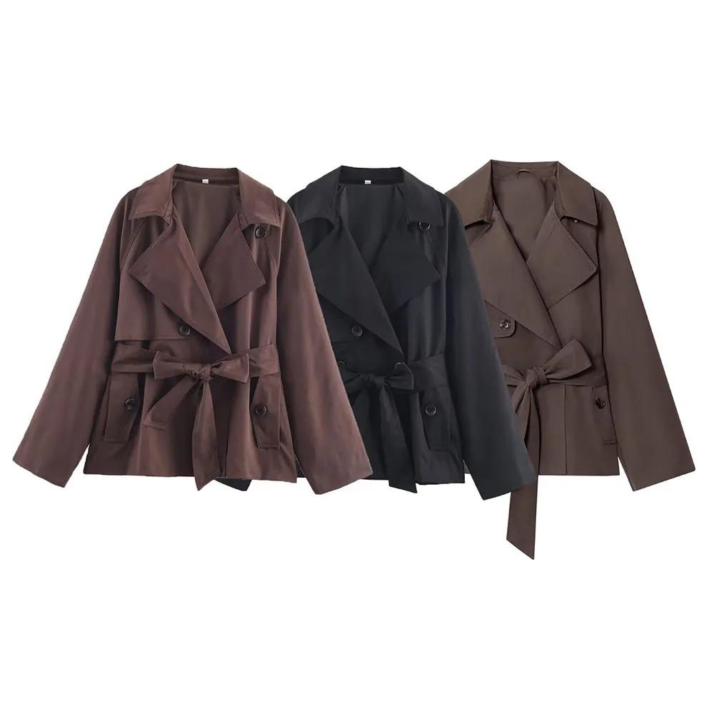 Moda Autunnale Multicolore con Cintura Cappotto Corto Joker Manica Lunga Cappotto Casual Capospalla