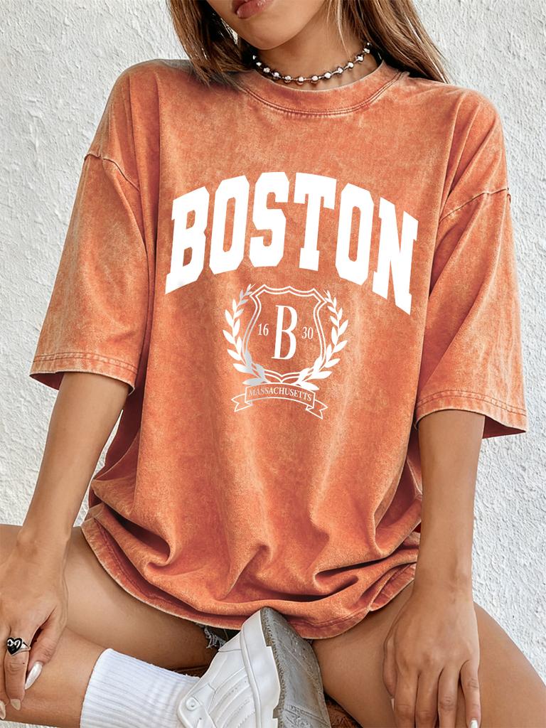 Boston Persönlichkeitsaufdruck Gewaschene T-Shirts Damen Baumwolle Oversize T-Shirt Lässig Weiche Kurzarm-Tops Sommer O-Ausschnitt Kleidung
