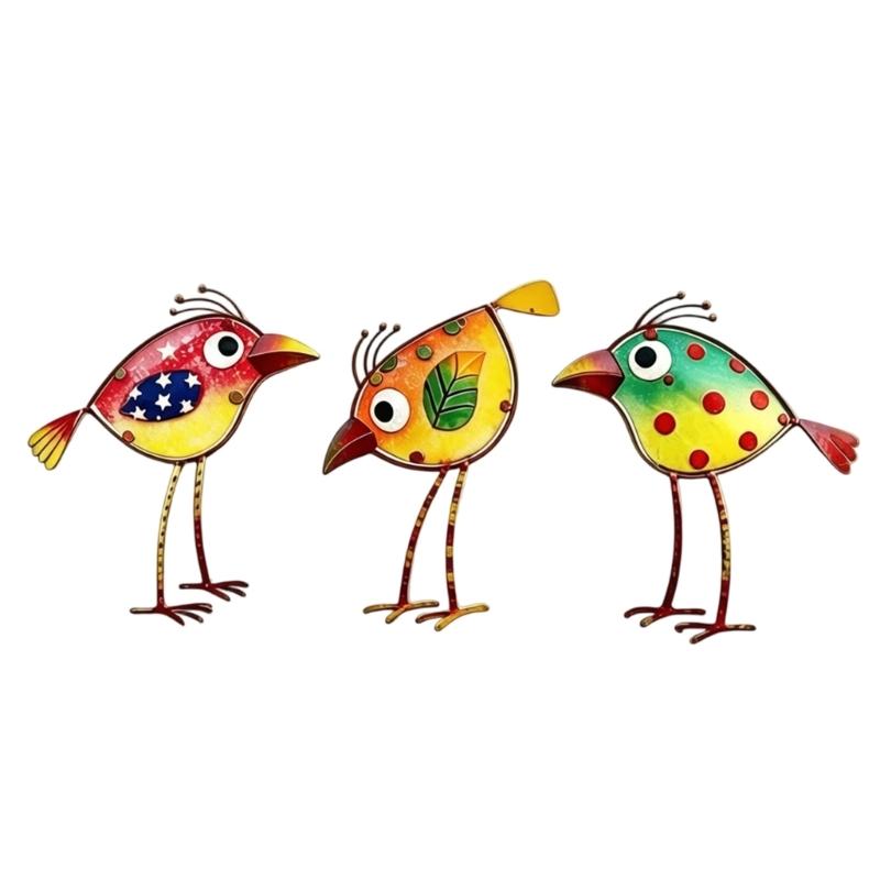Garden Cartoon Bird Wall Art Decors Set of 3 Colorful Acrylic Hanging Art Piece Plaque for Fence or Wall Decorative Ornaments