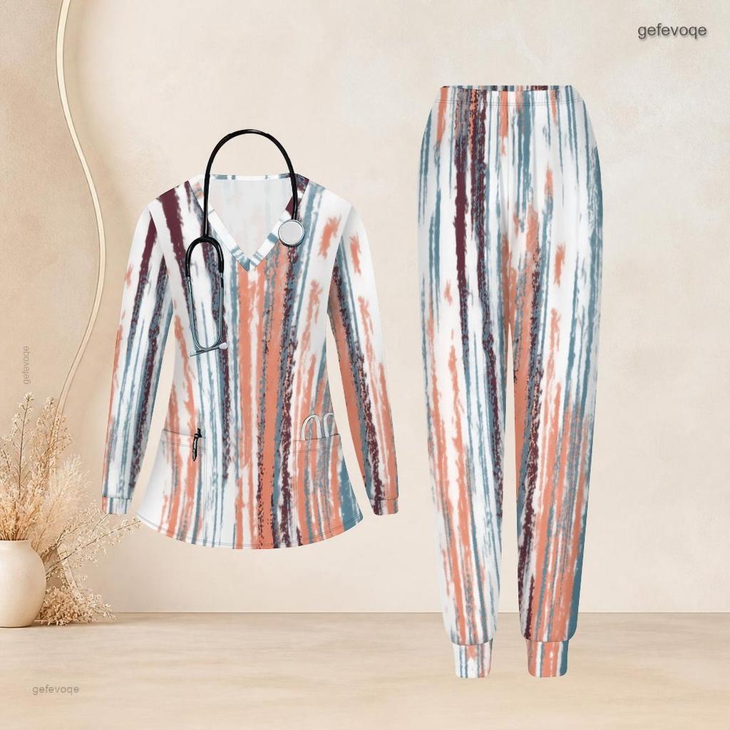 Women Plus Size Printed Nurse Scrub Set V Neck Long Sleeve Pockets Top Long Pants Two Piece