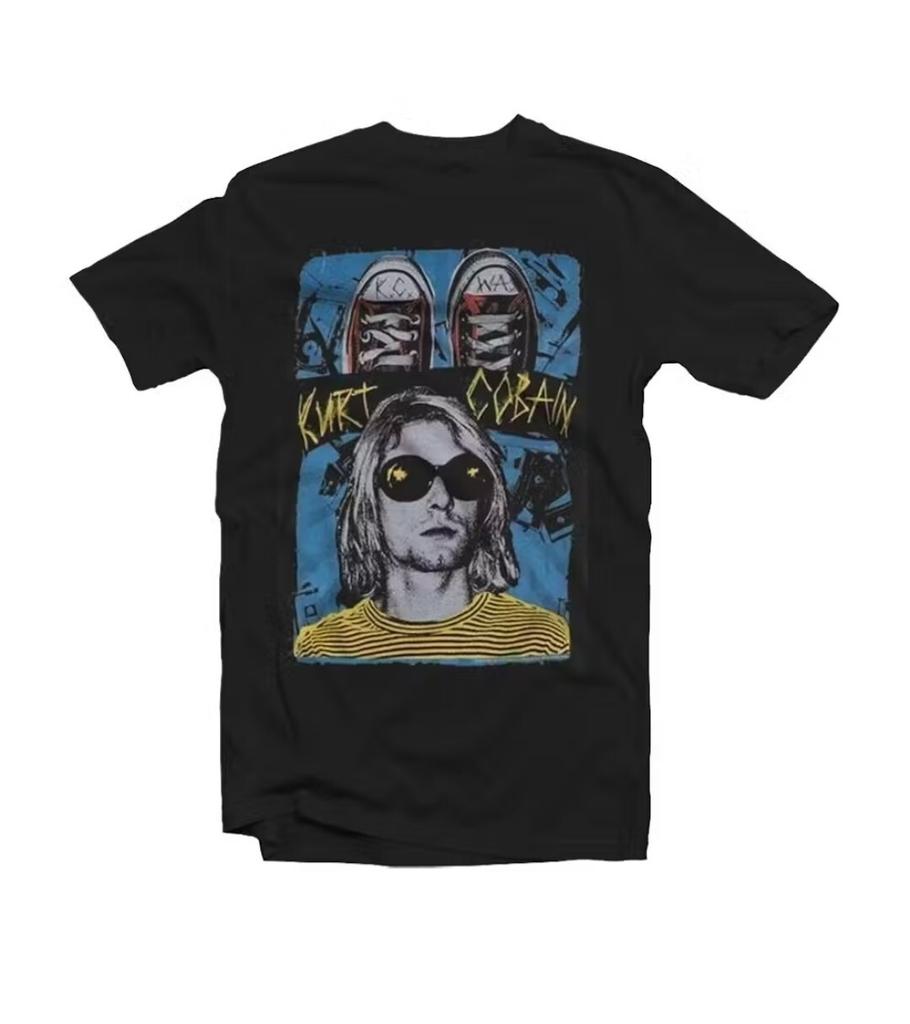 26 New Kurt Cobain Photo With Sneakers Mens Medium Nirvana Seattle Grunge Black Tee Unisex T-Shirt