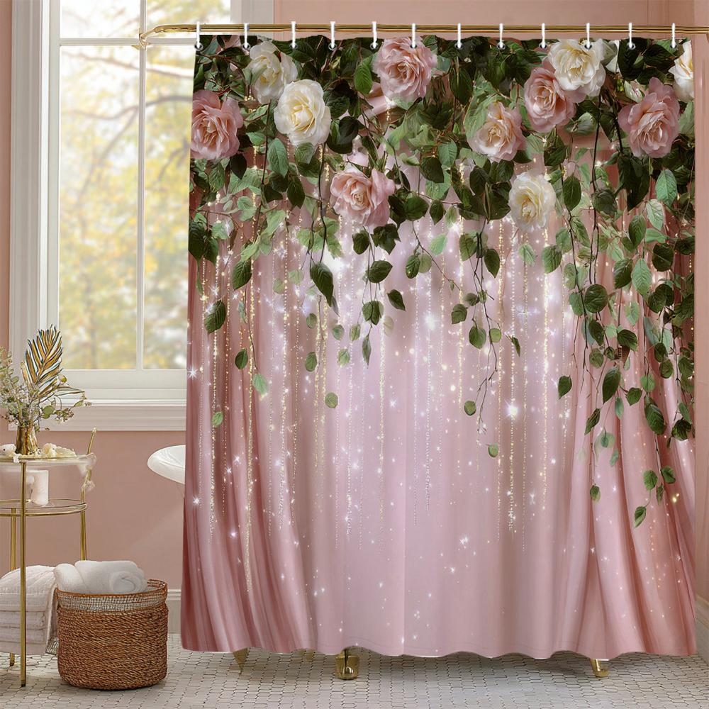 Rose Floral Pink Curtain Shower Curtain,Flowers Bathroom Decorative Shower Curtain, Printed Polyester Curtain with Hooks