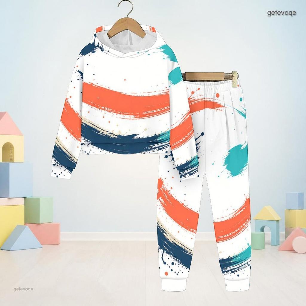 Kids Abstract Geometric Printed Hooded Long Sleeve Sweatshirt And Cuffed Pants Two Piece Set
