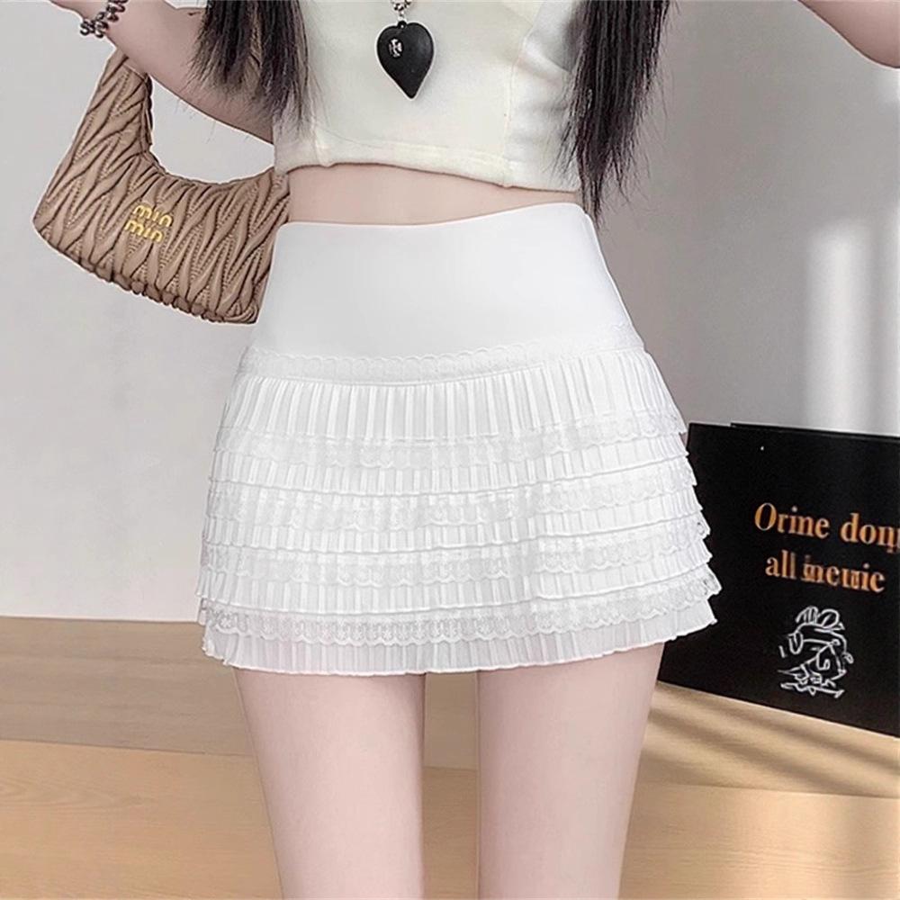 Chic Elastic Waist Pleated White Lace Skirt - Sweet High-Waist, Layered for Autumn/Winter