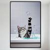Gray & White Tabby Cat In White Bathtub with Blue Water & Bubbles - Iridescent Soap Bubble Catching Scene Tin Sign Metal Poster
