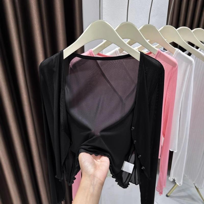 Ice Silk Cool Tulle Sunscreen Cardigan Women's Shawl Summer with Skirt Suspenders Outer Blouse Transparent Mesh Top