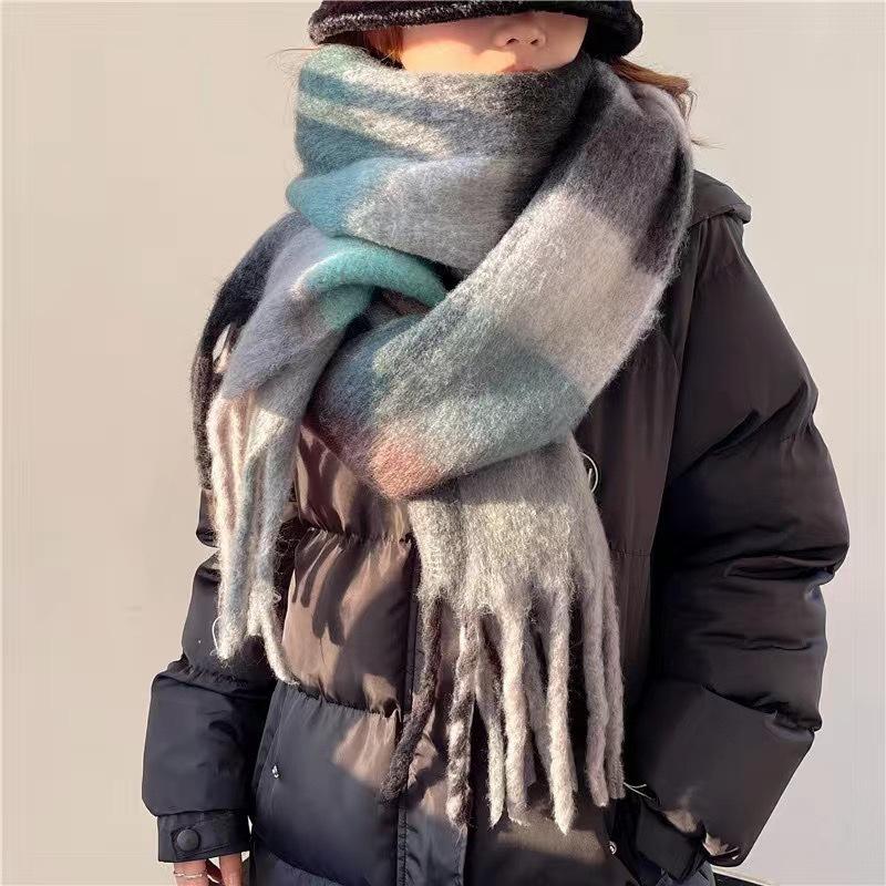 200x40cm Extra Long Wide & Thick Winter Scarf Fake Cashmere Fringe Shawl Rainbow Plaid Windproof Scarf Wrap for Women