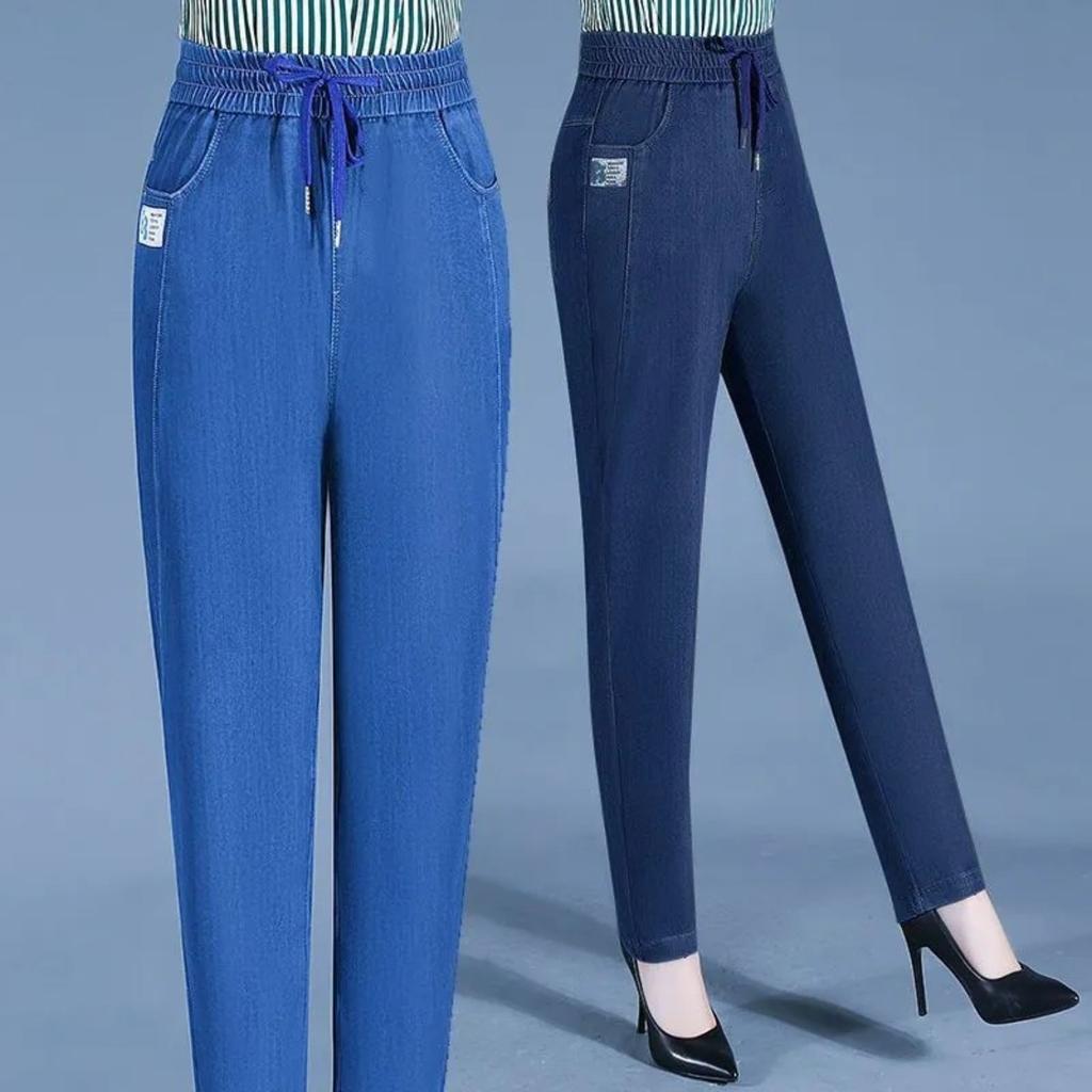 Women's High Waist Straight Leg Long Pants Casual Elastic Denim Pull On Trousers