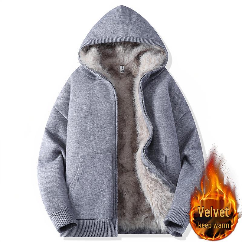 Men's Solid Color Hooded Knitwear Jacket with Fur Lining for Fall/Winter