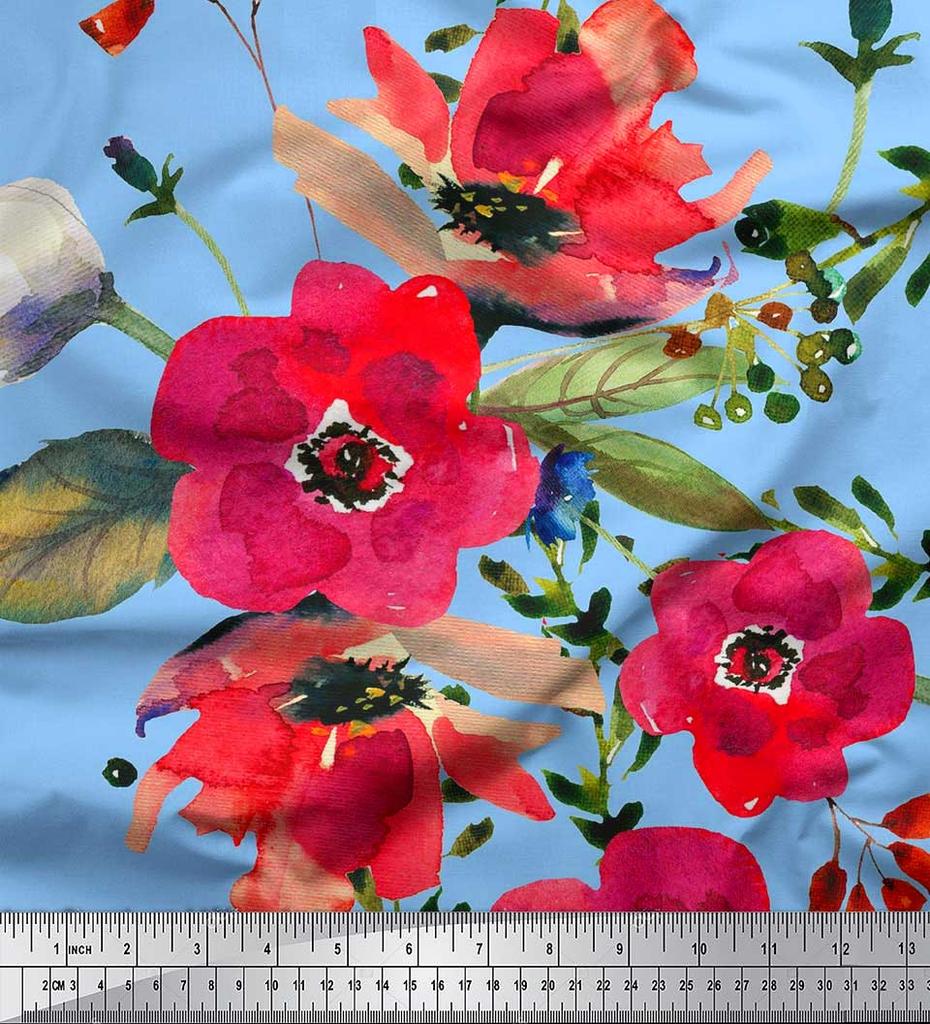 Soimoi Japan Crepe Satin Fabric Leaves & Poppy Flower Print Sewing Fabric Metre 42 Inch