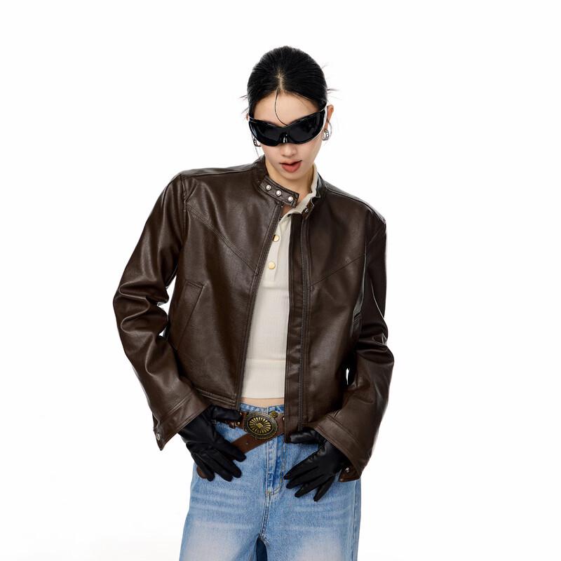 Женская ретро-куртка ICH MODE из коричневой искусственной кожи с воротником-стойкой M