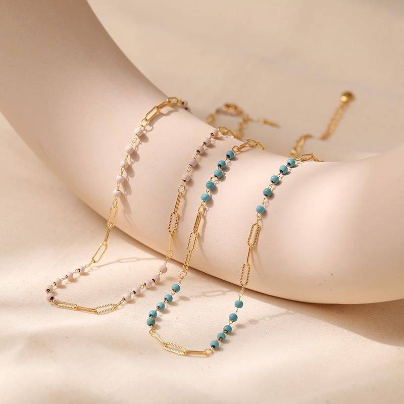 K Gold Plated Brass Spliced Chain Synthetic Turquoise Clavicle Necklace