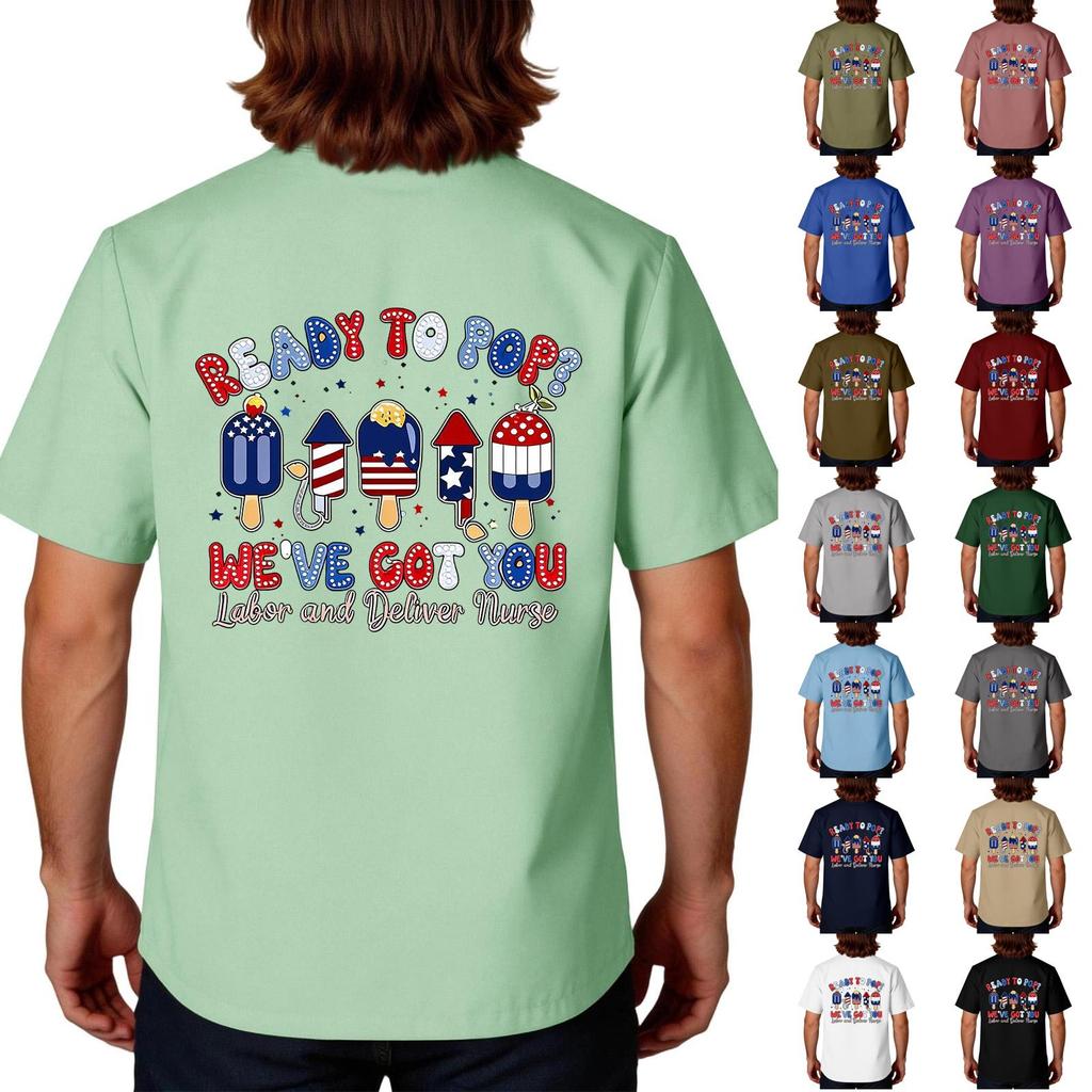 Men's Short Sleeve Labor Day Print V-Neck Pocket Scrub Top
