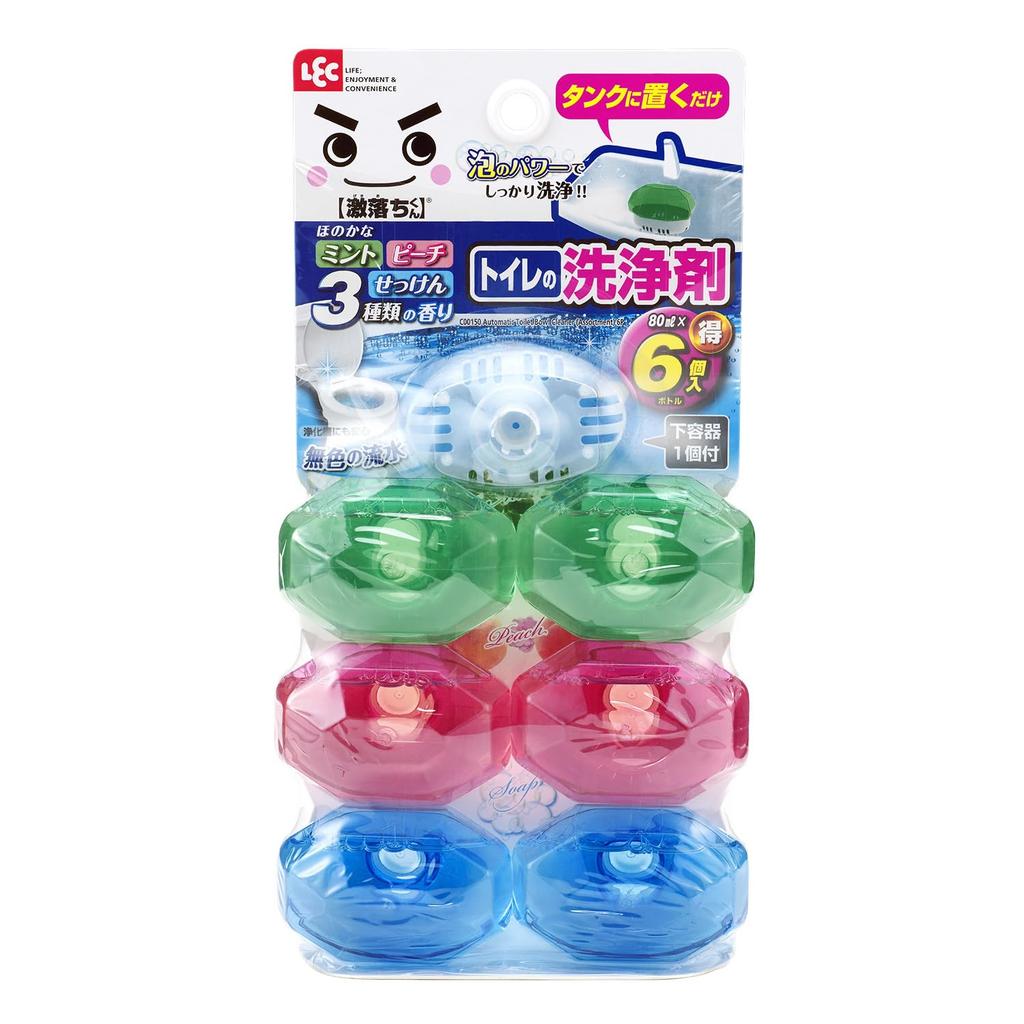 LEC Gekiochikun Toilet 80ml 6 Bottles and Assorted Colorless Tank-in-Pon Cleaner, (Includes + Mint, Peach, Soap), Scents,