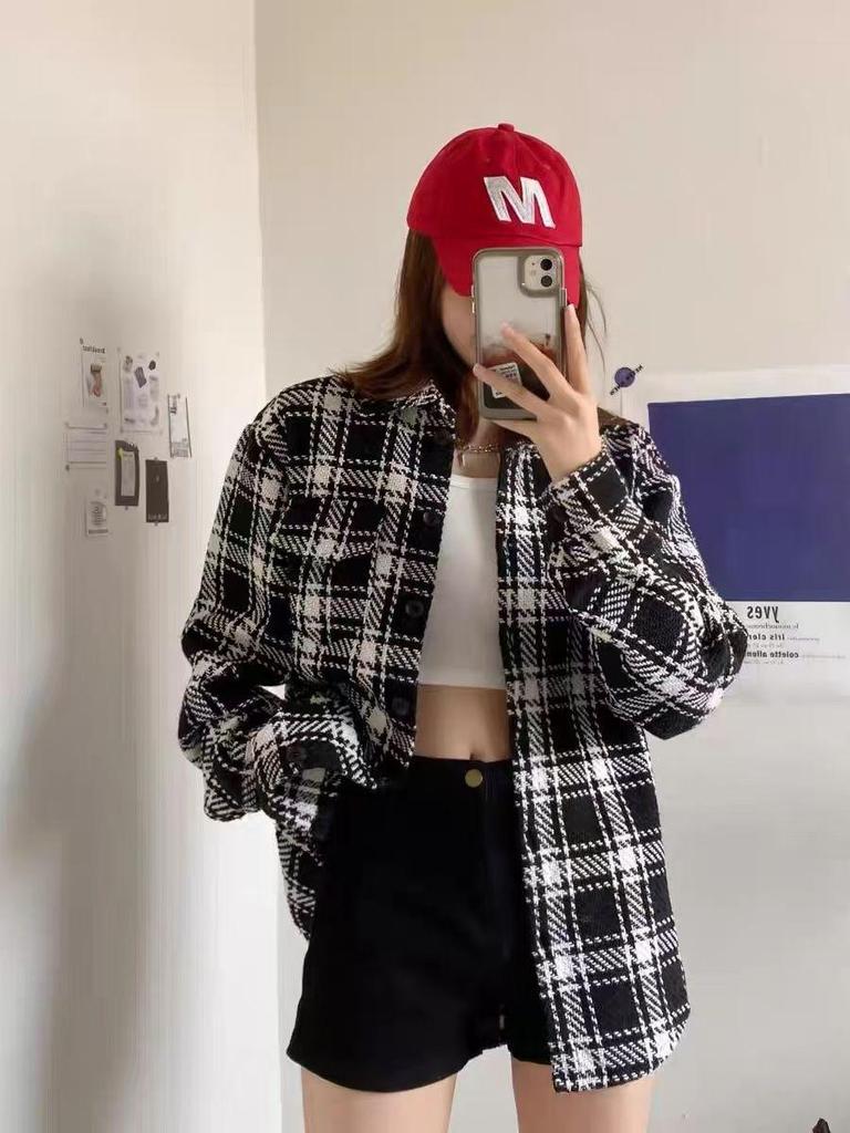 Women's Autumn/Winter Plaid Jacket - Korean Style Slimming Loose Fit POLO Collar Long Sleeve Shirt