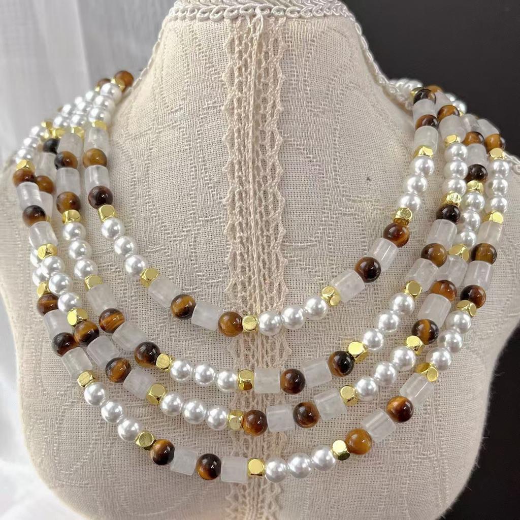 Vintage Maillard High Quality Natural Tiger'S Eye Stone White Crystal Artificial Pearl Clavicle Chain Necklace