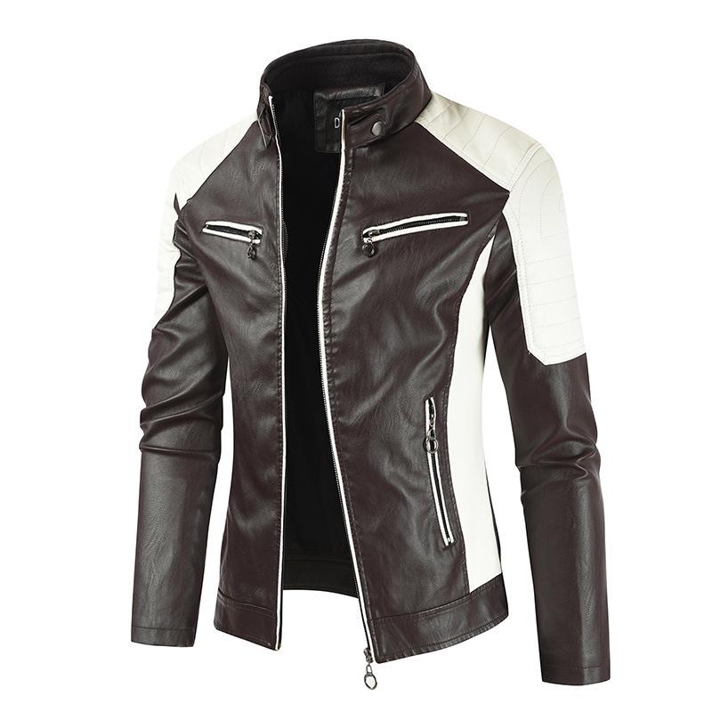 Leather Jacket Men's Stand Collar Color Block Slim Fit Zipper Cardigan Fashion Casual Leather Jacket