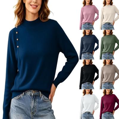Women's Long Sleeve Turtleneck Sweater with Decorative Buttons, Casual Knit Pullover Layering Top