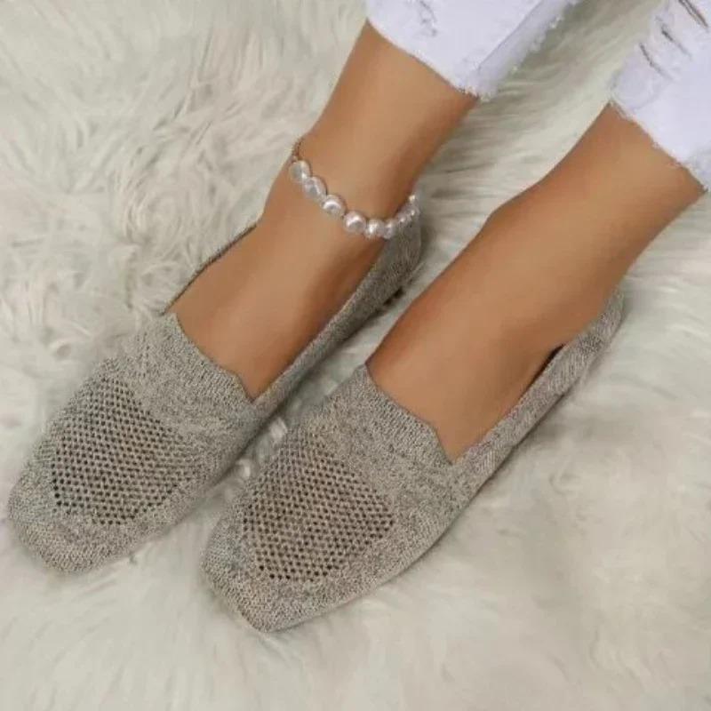 Solid Color Square Mesh Loafers Shallow Women Flats Soft Bottom Knit Ballet Flats Shoes Casual Shoe