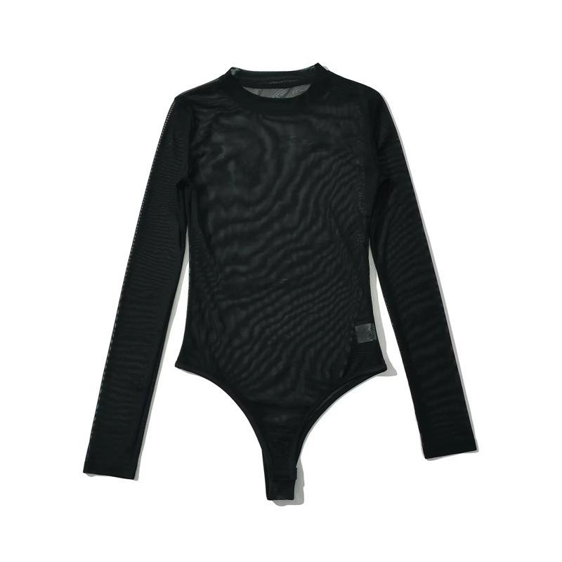 2024 Summer Mesh See-Through Round Neck Long Sleeve Bodysuit