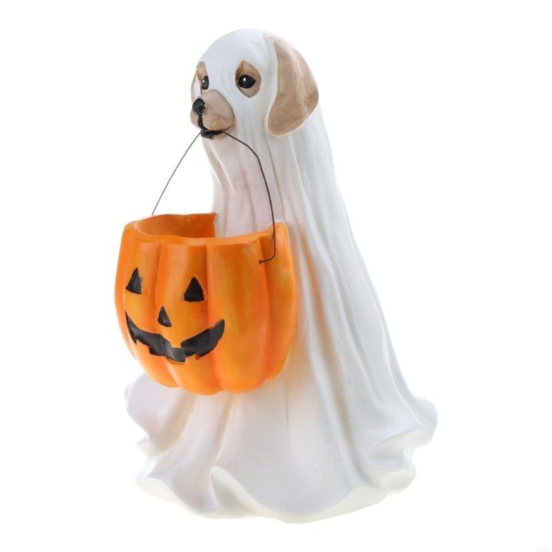 

Halloween Dog for Cat Statue with Pumpkin Candy Bowl Resin Trick Treat Dec X3UC