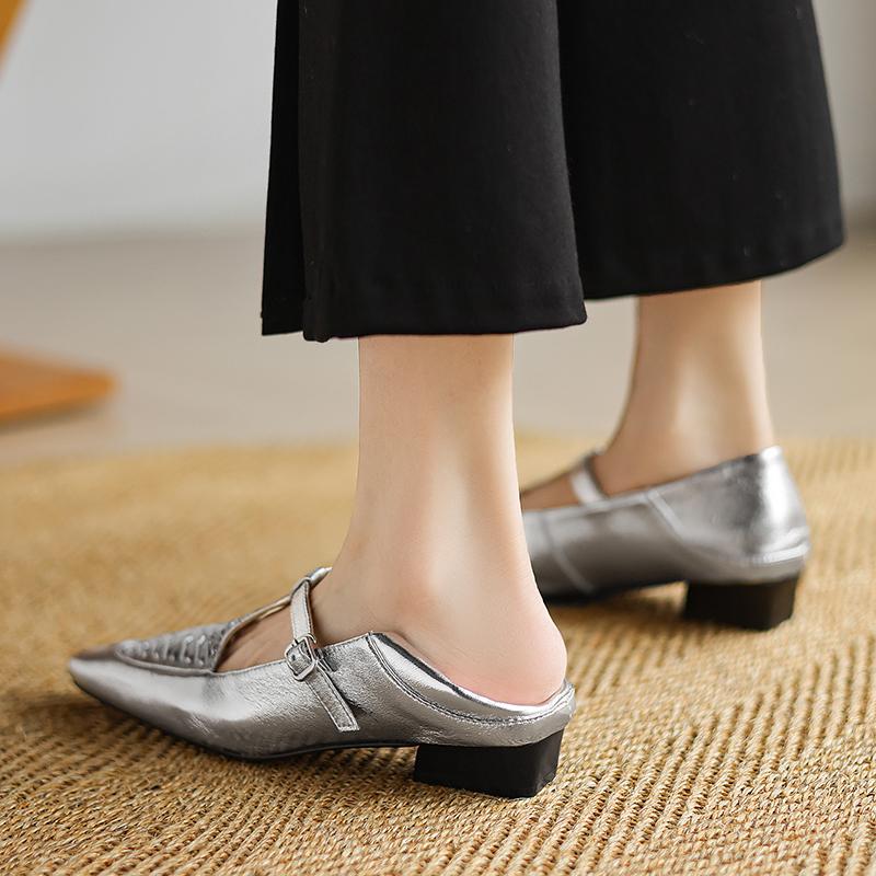 Moda 2025 Nowa Wiosna Damskie Czółenka Prawdziwa Skóra Buty dla Kobiet Modne Niskie Obcasy Kwadratowy Nosek Grube Obcasy Srebrne Damskie Buty