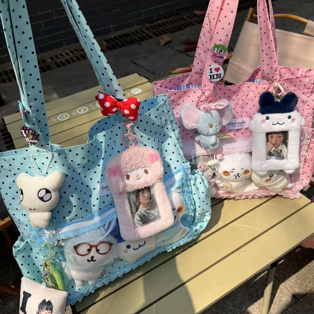 New Cute Hand Ulzzang Y2k Ita Bag for Girls Large Capacity Fashionable Polka Dot Canvas Shoulder Bag Casual Commuting Tote Bag
